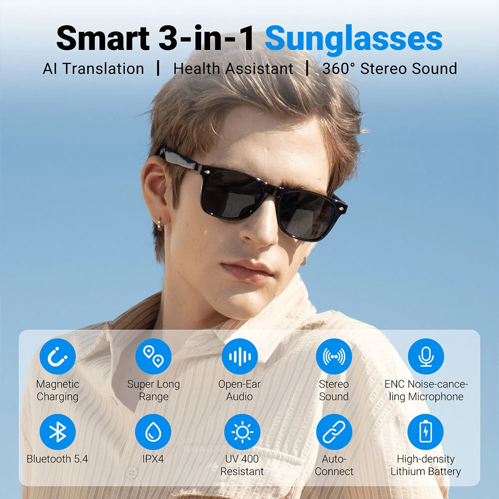 Bluetooth Smart Glasses with Speakers Eyewear Music translator Headphones Black 3